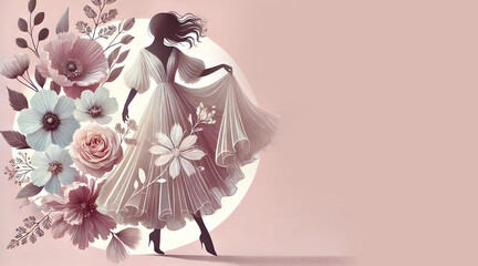 Woman silhouette on a background of pastel flowers. Banner wedding, Valentine's day, March 8. Generated AI
