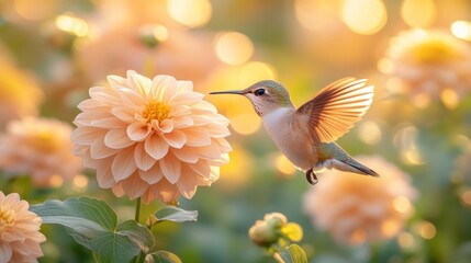 Fototapeta premium Hummingbird hovering, dahlia garden, sunset, bokeh, nature