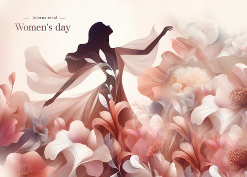 Woman silhouette on a background of abstract pink flowers. Banner March 8. Generated AI