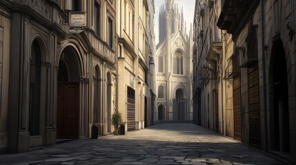 Fototapeta premium Cobblestone alleyway towards cathedral