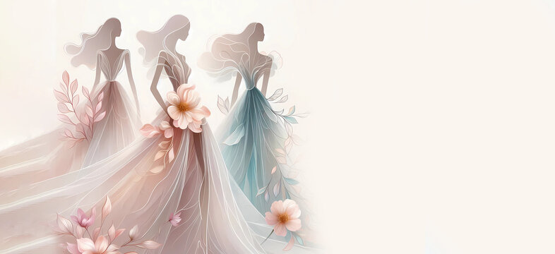 three Woman silhouette against a background of delicate pastel flowers. Banner day March 8th. Generated AI