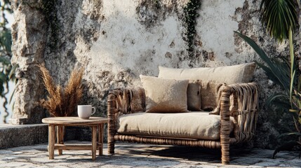 Cozy Outdoor Seating Area with Rustic Charm and Nature Elements