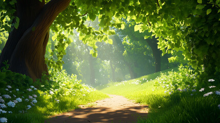 Fototapeta premium serene forest path with lush greenery and sunlight filtering through trees