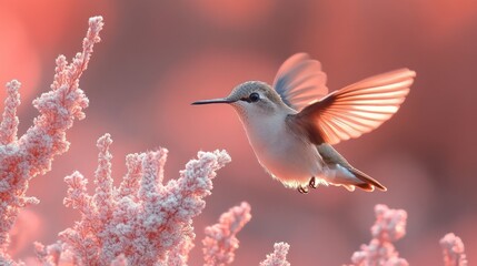 Fototapeta premium Hummingbird hovers, sunset, flowers, nature, poster