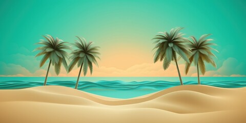 Fototapeta premium Serene Tropical Beach Sunset: Palm Trees Silhouette Against Teal Ocean Waves