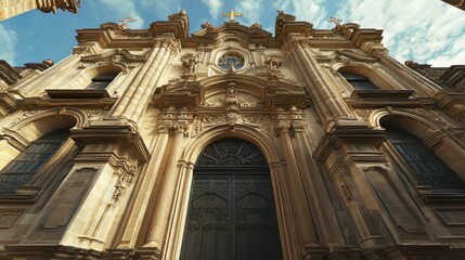 Fototapeta premium Ornate church facade, sunlight gleaming