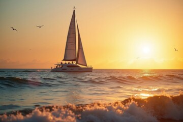 Fototapeta premium Catamaran Cruising at Sunset - A Golden Hour Adventure.
