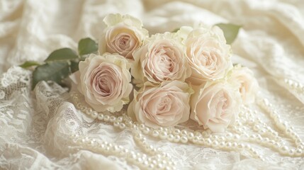 Obraz premium Delicate Pale Roses Resting on Lacy Fabric with Pearls