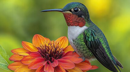 Naklejka premium Hummingbird perched on flower, garden, blurred background, nature poster