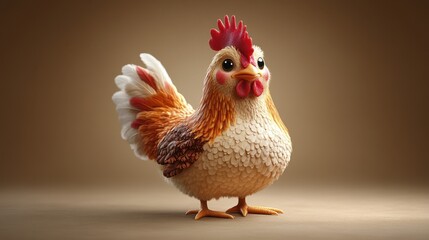 Fototapeta premium Adorable 3D Render of a Cartoon Rooster, Fluffy Feathers, Brown Background, Cute Chicken Illustration, Digital Art