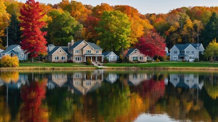 fall cityscape with private houses neighborho
