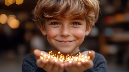 Naklejka premium Happy boy holding sparkling lights.