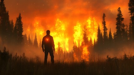 Fototapeta premium Man silhouetted against wildfire.