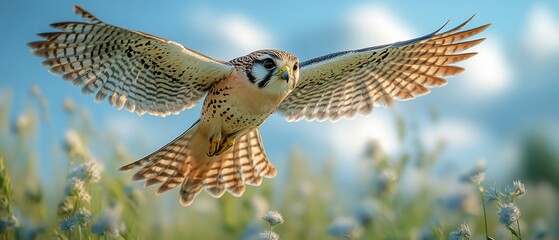 American Kestrel flying over wildflowers, sunny day. Nature wallpaper