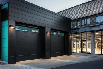 Obraz premium Night view of modern garage with black doors and teal highlights.