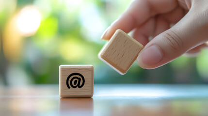 A hand placing a wooden block cube symbolizing contact options like telephone, email, and website for marketing purposes.