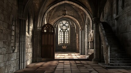 Fototapeta premium Ancient stone hallway with stained glass