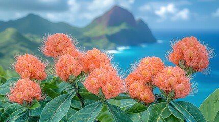 Vibrant orange flowers bloom in foreground with ocean and island backdrop.