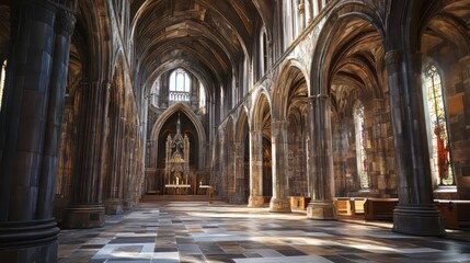 Fototapeta premium Grand cathedral interior, sunlight streams in