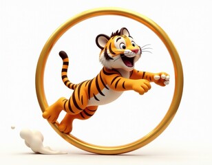 Cartoon Tiger Jumping Through Golden Hoop
