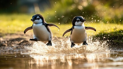 Group of cute little baby penguins running in the water on the beach
