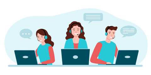Customer service, hotline operators consult customers with headsets on computers, online technical support, call center vector illustration