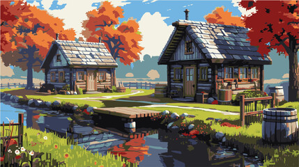 A serene rural pixel art scene featuring two cozy wooden cottages near a calm river