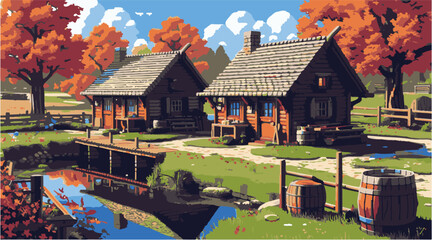 A serene rural pixel art scene featuring two cozy wooden cottages near a calm river