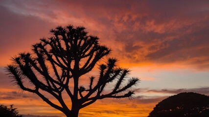 Fiery Sunset Behind the Silhouette of a Majestic Monkey Puzzle Tree