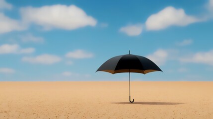 Desert landscape, black umbrella standing alone, sunny sky, protection concept, website banner