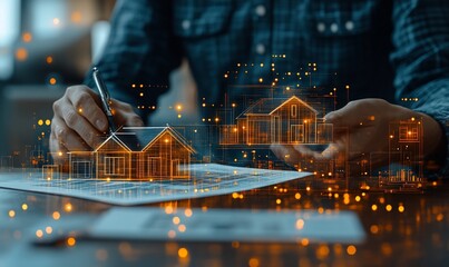 Architect designing homes, digital overlay