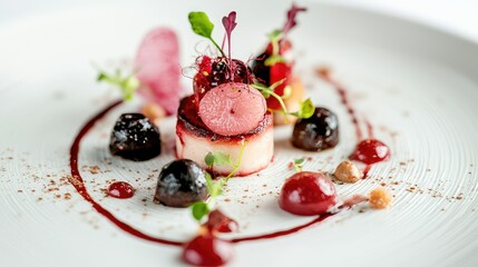 Gourmet dessert with fruit garnishes and vibrant sauce presentation