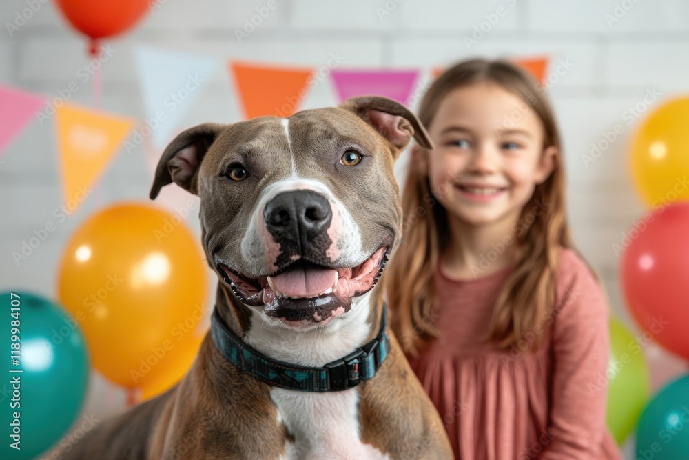 Poster Happy dog at a pet adoption event concept. Happy girl and dog celebrating with colorful balloons in a festive setting