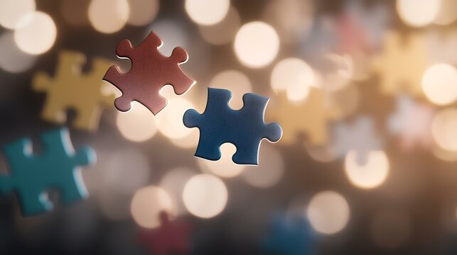 Floating puzzle pieces connecting against bokeh lights; teamwork, solutions concept