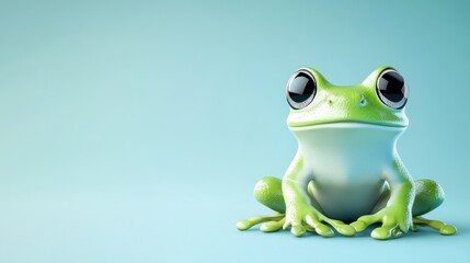 Obraz premium Adorable Green Frog with Big Eyes Posing Against a Light Blue Background a Cute Amphibian 3D Render