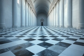 Majestic Hallway with Checkerboard Floor in Classical Architecture Setting