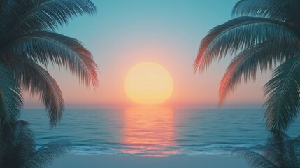 Fototapeta premium Serene Sunset Paradise: Palm Trees Framing a Vibrant Ocean Horizon