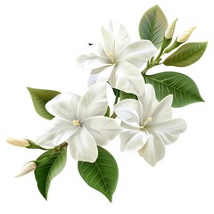 White flowers with green leaves isolated on white background.
