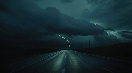 Dramatic Lightning Strike Over Empty Highway Under Dark Storm Clouds