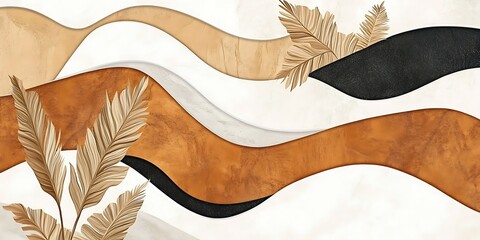 Obraz premium Abstract wavy design, beige, brown, black, palm leaves, background texture, home decor