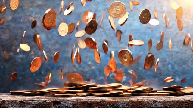 Vibrant scene of falling coins creates shiny background texture, symbolizing abundance and prosperity, as scattered golden coins reflect light and enhance atmosphere of wealth.