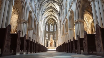 Fototapeta premium Grand cathedral interior, sunlight streams in.