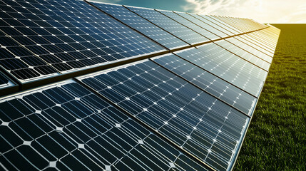 Solar Panels in a Green Field Capturing Renewable Energy. A row of solar panels in a lush green field absorbing sunlight for sustainable energy production.