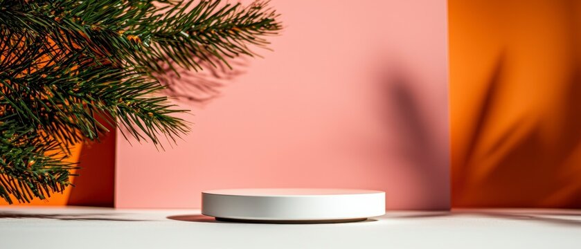 Minimalist Product Display  Pink  Orange  White Podium  Christmas Tree Branch Shadows