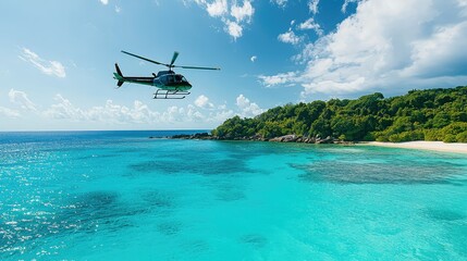 Helicopter Flying Over Turquoise Ocean and Lush Green Coastline