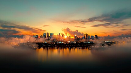 Naklejka premium Magical Sunrise Cityscape Misty Metropolis at Dawn