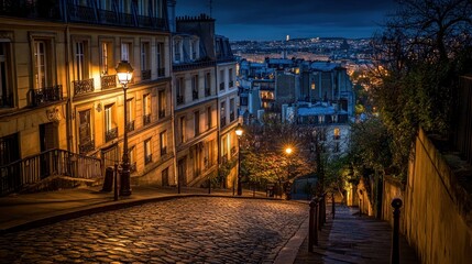 Obraz premium Parisian cobblestone street at night, illuminated buildings, city panorama, travel photography