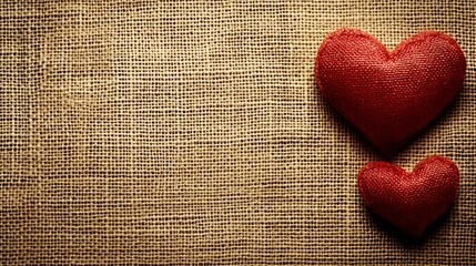 Two Red Fabric Hearts on Burlap Background