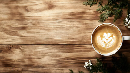 A latte coffee on a wooden surface with ample space around it.
