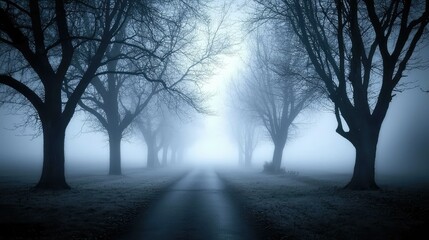 Fototapeta premium Misty Forest Pathway Surrounded by Trees in Foggy Atmosphere